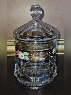 Vintage Duncan Miller Decorative Glass Candy Jar with Gold Tone Floral Band